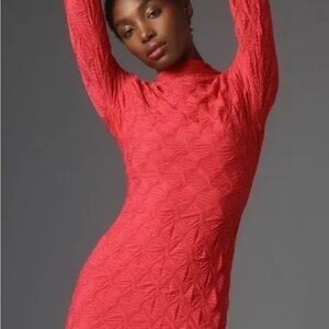 Anthropologie Maeve Scrunch Textured Red Long Sleeve Dress